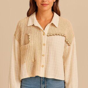 Peach Female Cream Beige Crinkle Crochet Button Front Patchwork Top Blouse Large